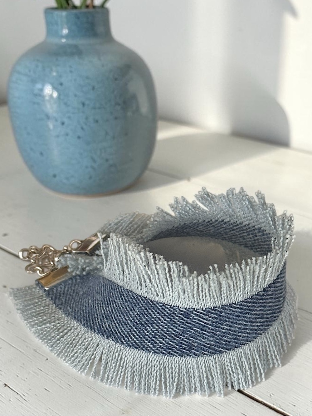 Fringed Denim-Trim Fabric Bracelet